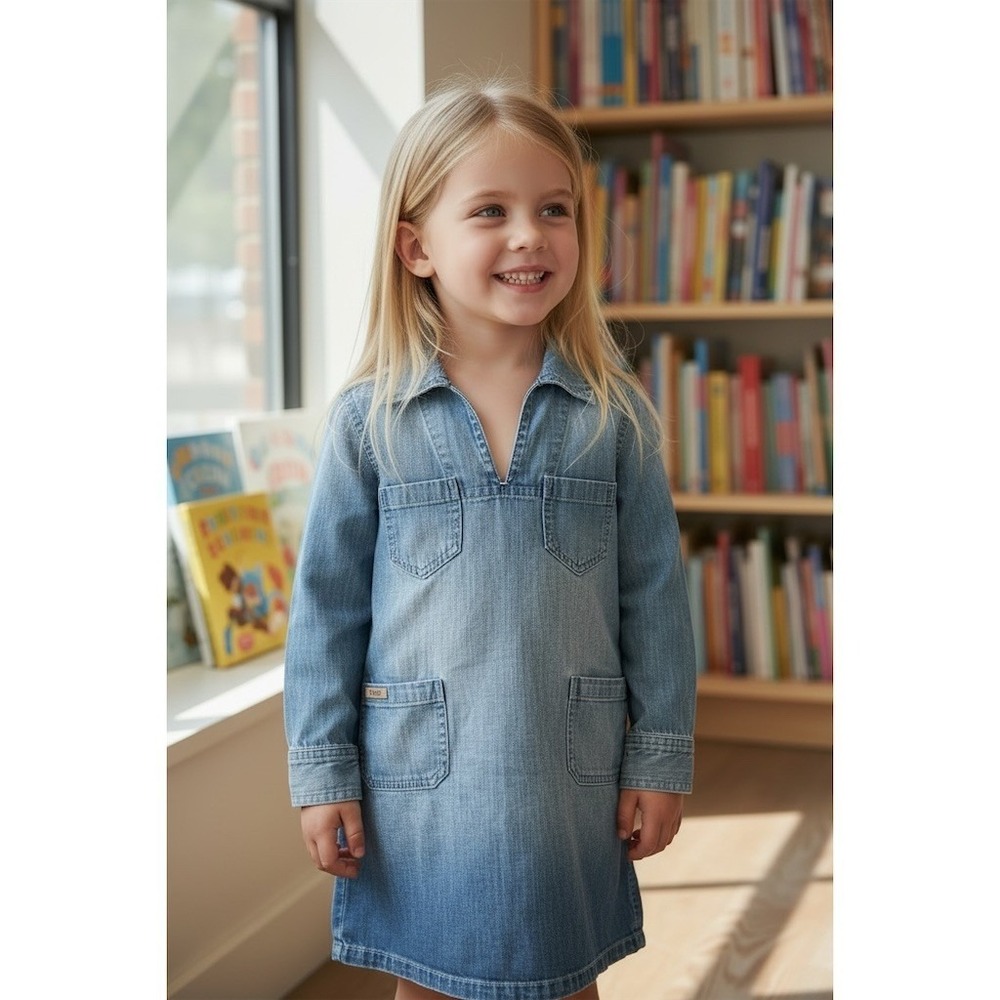 Polo Ralph Lauren Girls Shirt‎ Dress Size 7 Blue Chambray Denim Pockets preppy